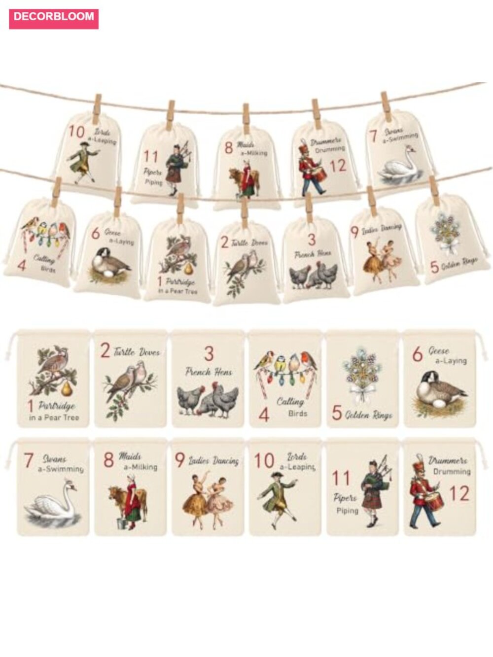 12 Days of Christmas Advent Calendar Bags Canvas Drawstring Countdown